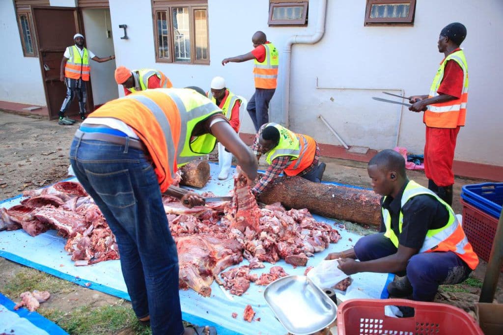 Preparing beef portions for distribution on Eid al-Adha.